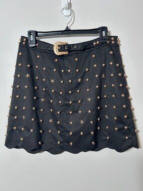 Anthropologie Black Faux Suede Gold Studded Mini Skirt With Western Style Belt